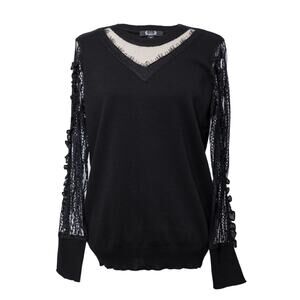AZI Women's Black Dressy Sweater Size M Lace Sleeves V Neck NWT Long Sleeve